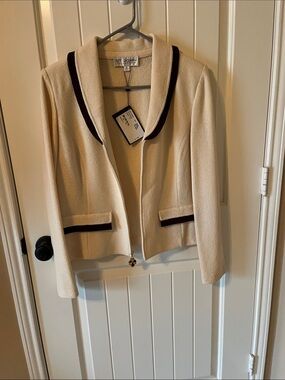 St. John Cream Knit Blazer with Dark Plum Trim
